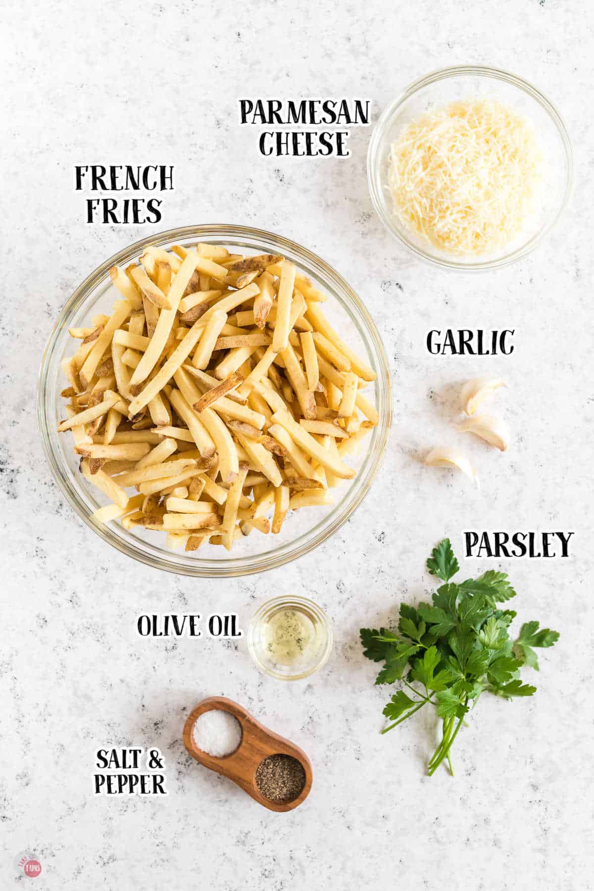labeled picture of ingredients for garlic parmesan fries