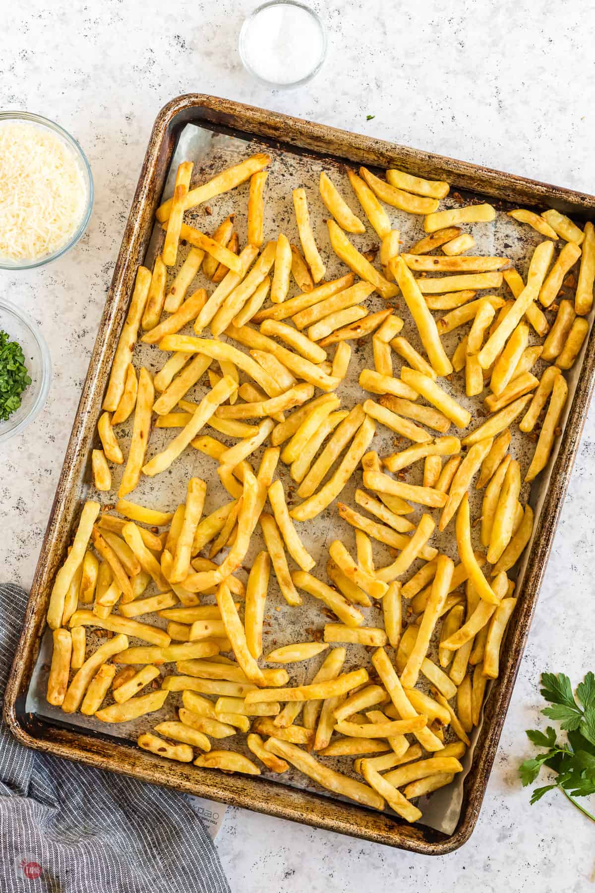 sheet pan of baked fries