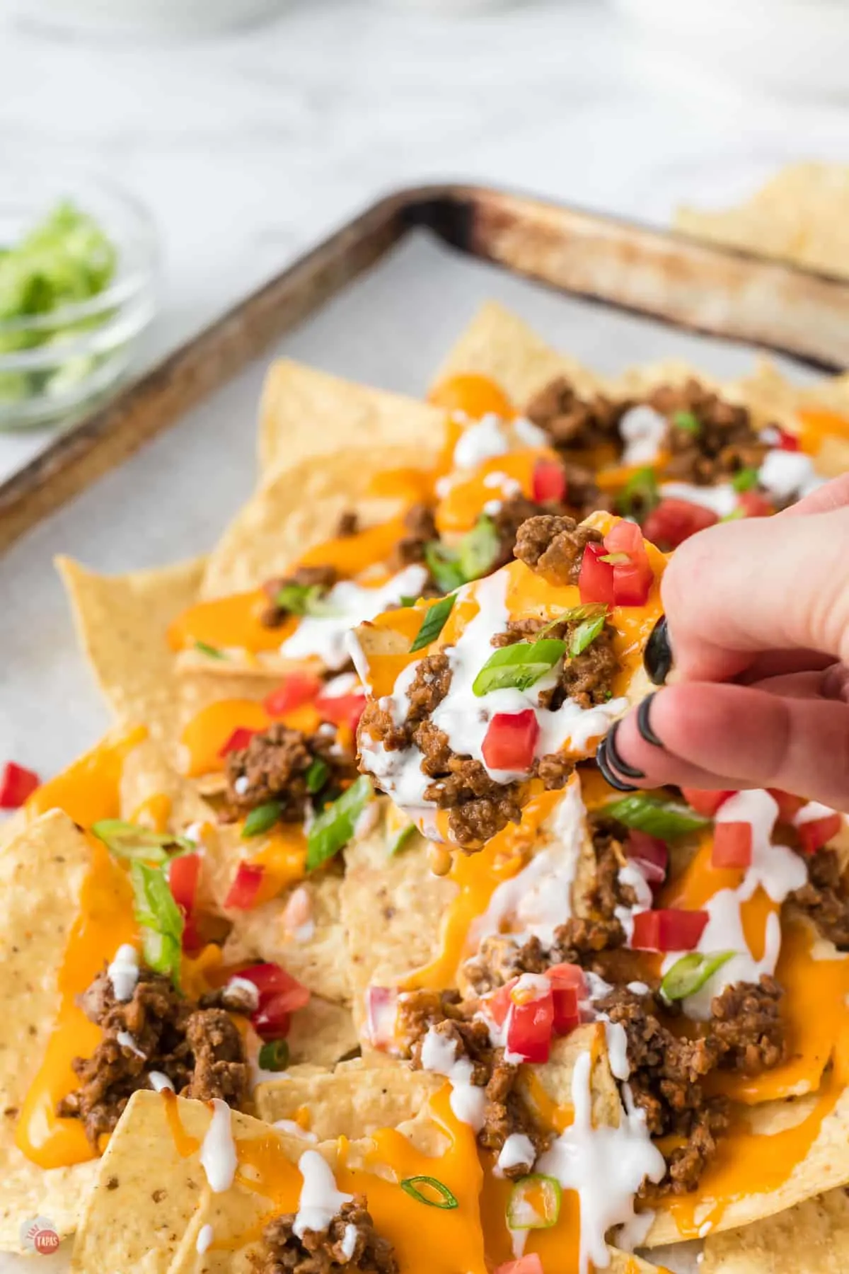 hand holding tortilla chip with meat and cheese