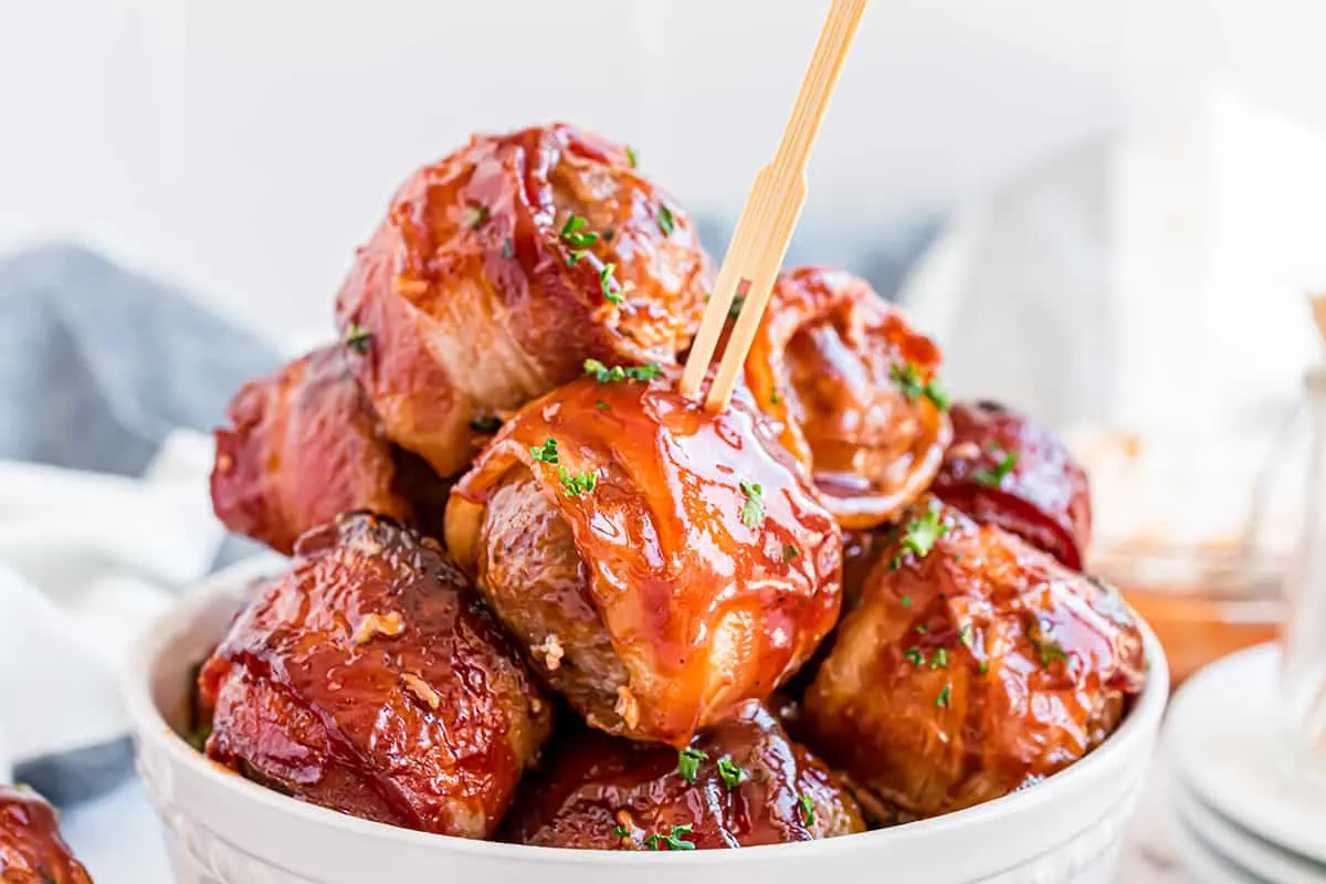 bowl of bacon wrapped meatballs