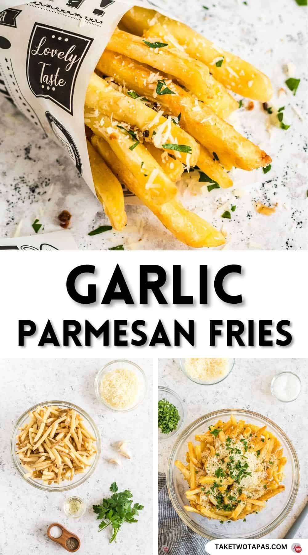 Pinterest pin image for garlic parmesan fries recipe