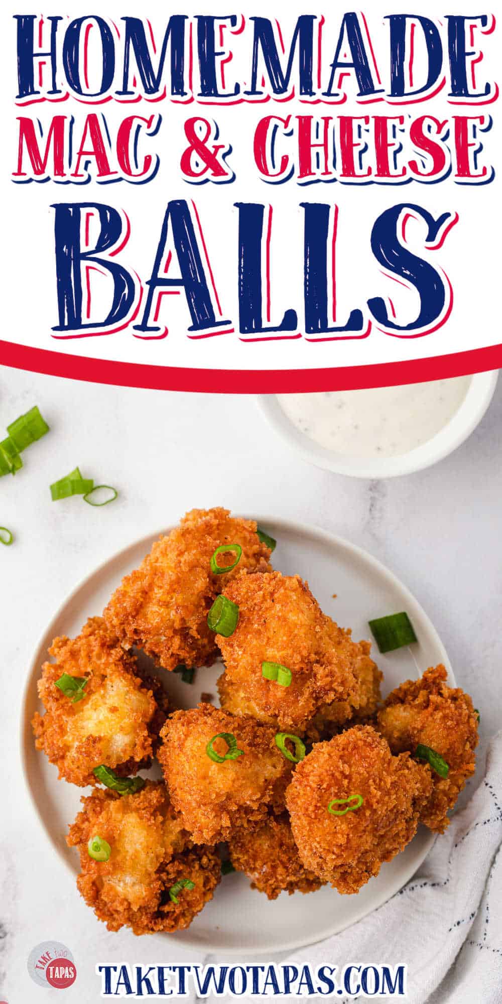 fried mac and cheese balls overhead picture with text "fried mac and cheese balls"