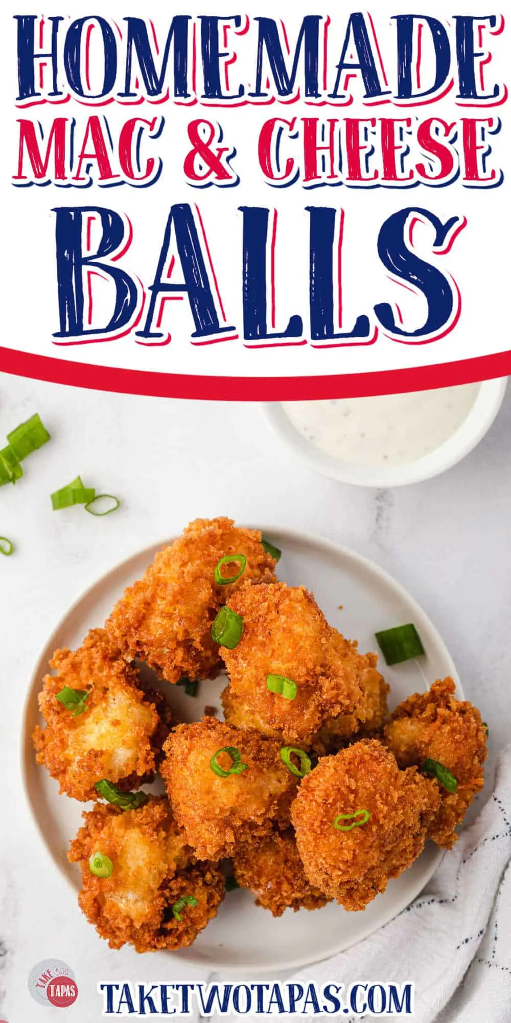 fried mac and cheese balls overhead picture with text "fried mac and cheese balls"