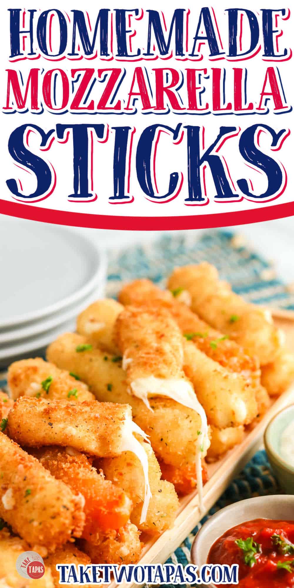 overhead picture of pile of cheese sticks with one broken in half and a small bowl of red sauce and a stack of plates