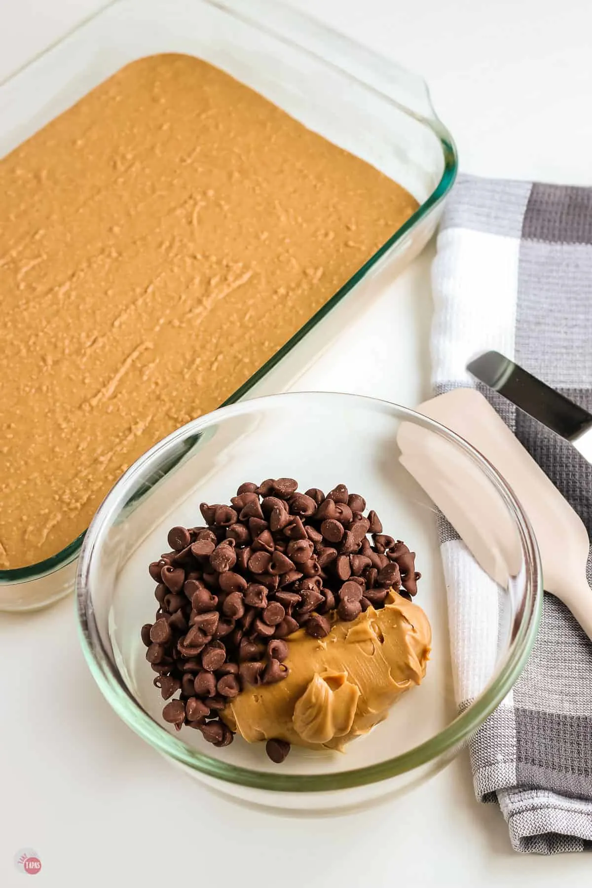 chocolate chips and peanut butter in a bowl