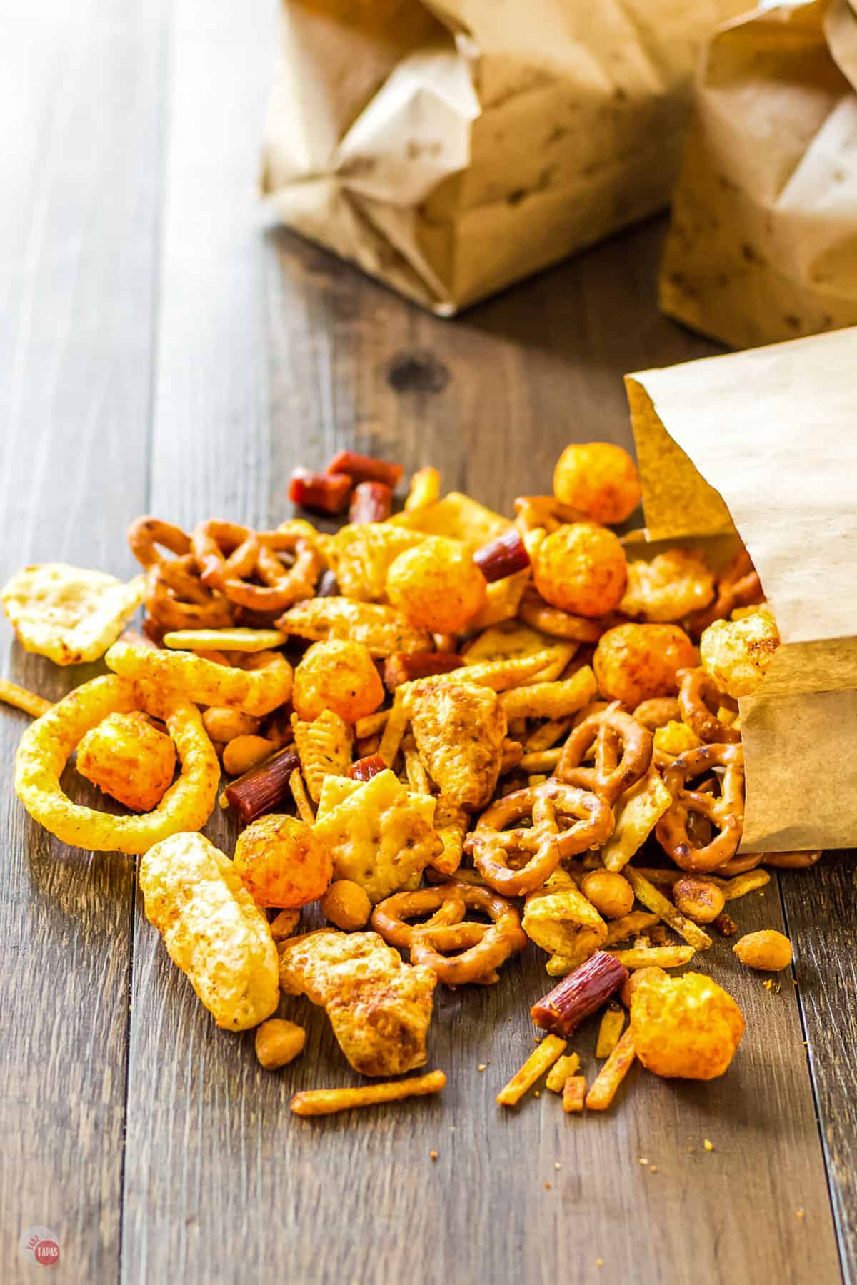 snack mix pouring out of a bag