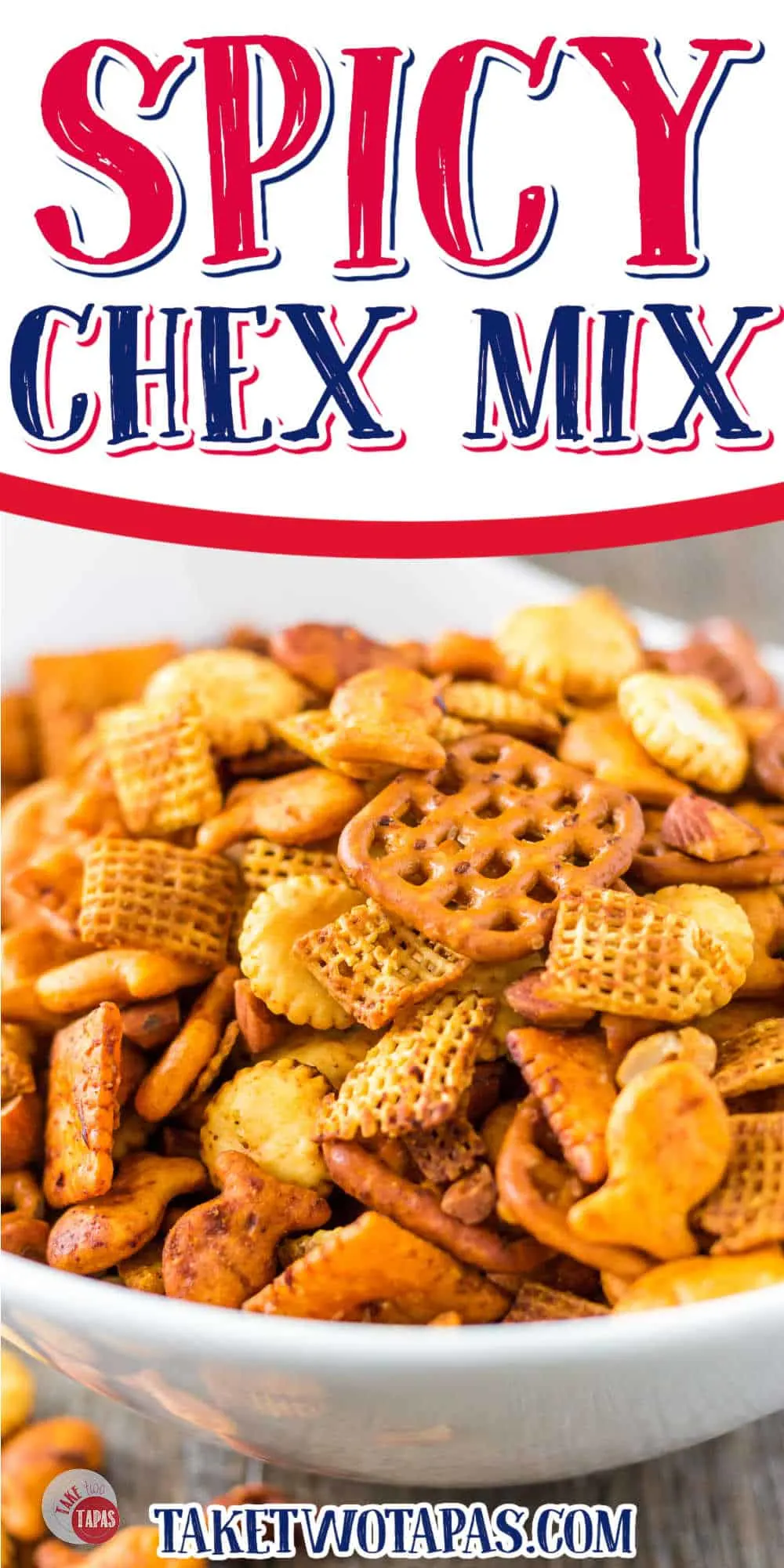 bowl of chex mix with text "spicy chex mix" makes great travel foods