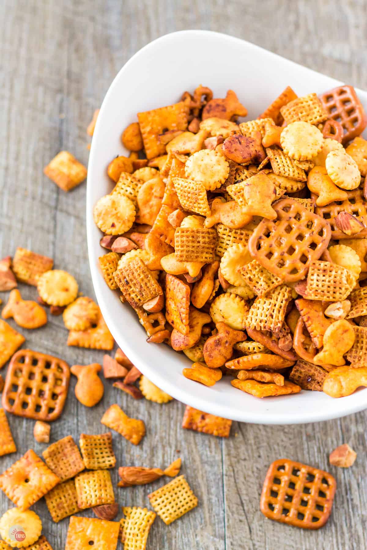 original chex mix recipe but with a few additions and spicy sauce