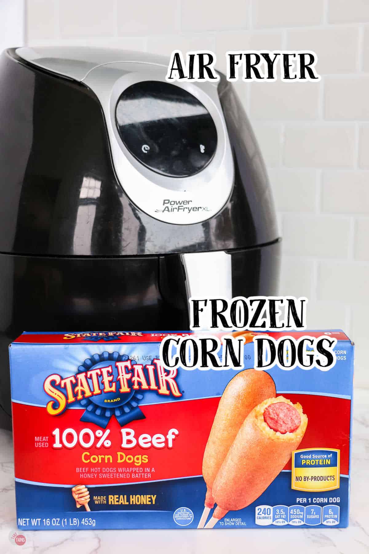 Air Fryer and a pack of State Fair frozen corn dogs. 