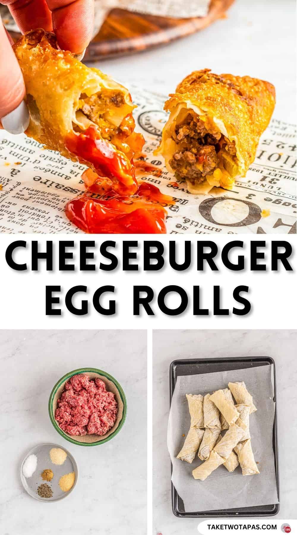 Pinterest pin image for cheeseburger egg rolls
