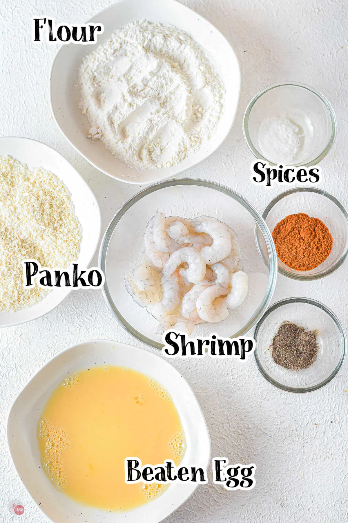 labeled picture of ingredients in individual clear bowls