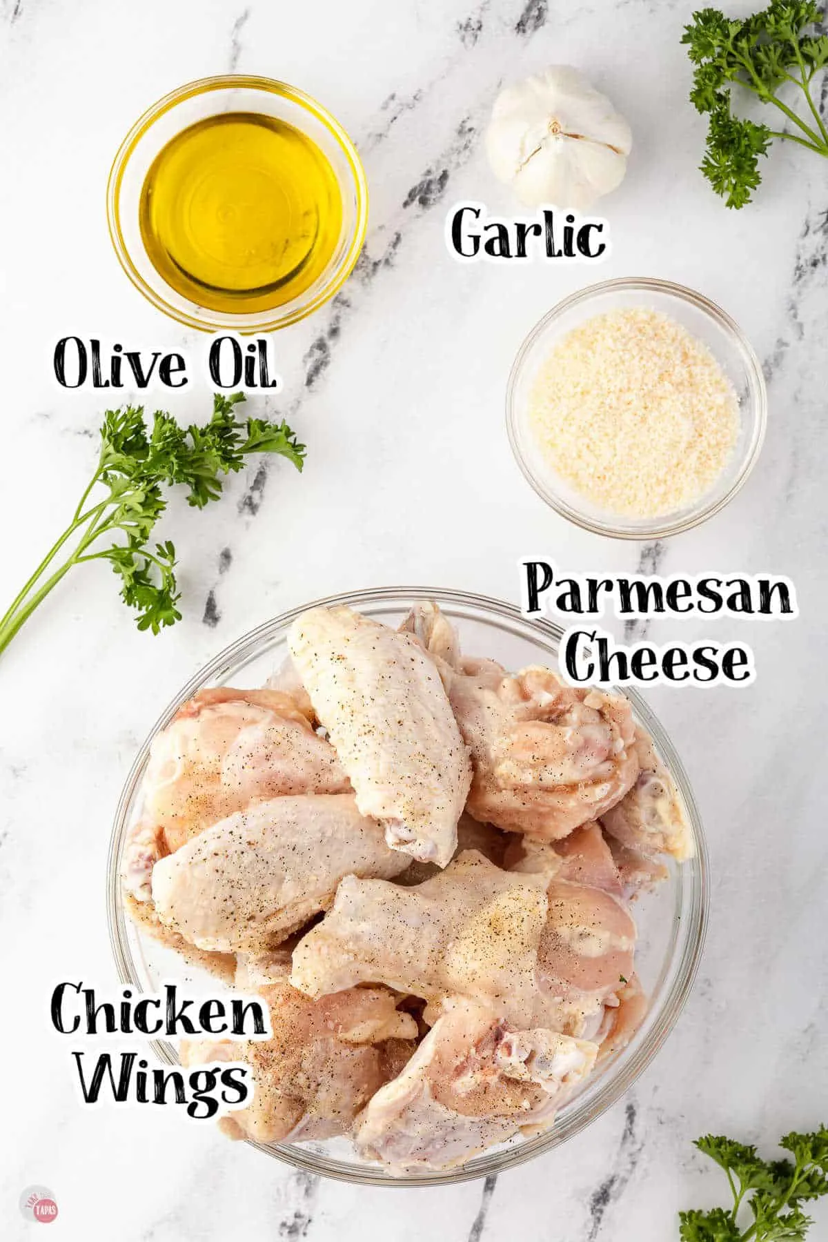 labeled picture of ingredients for garlic parmesan wings