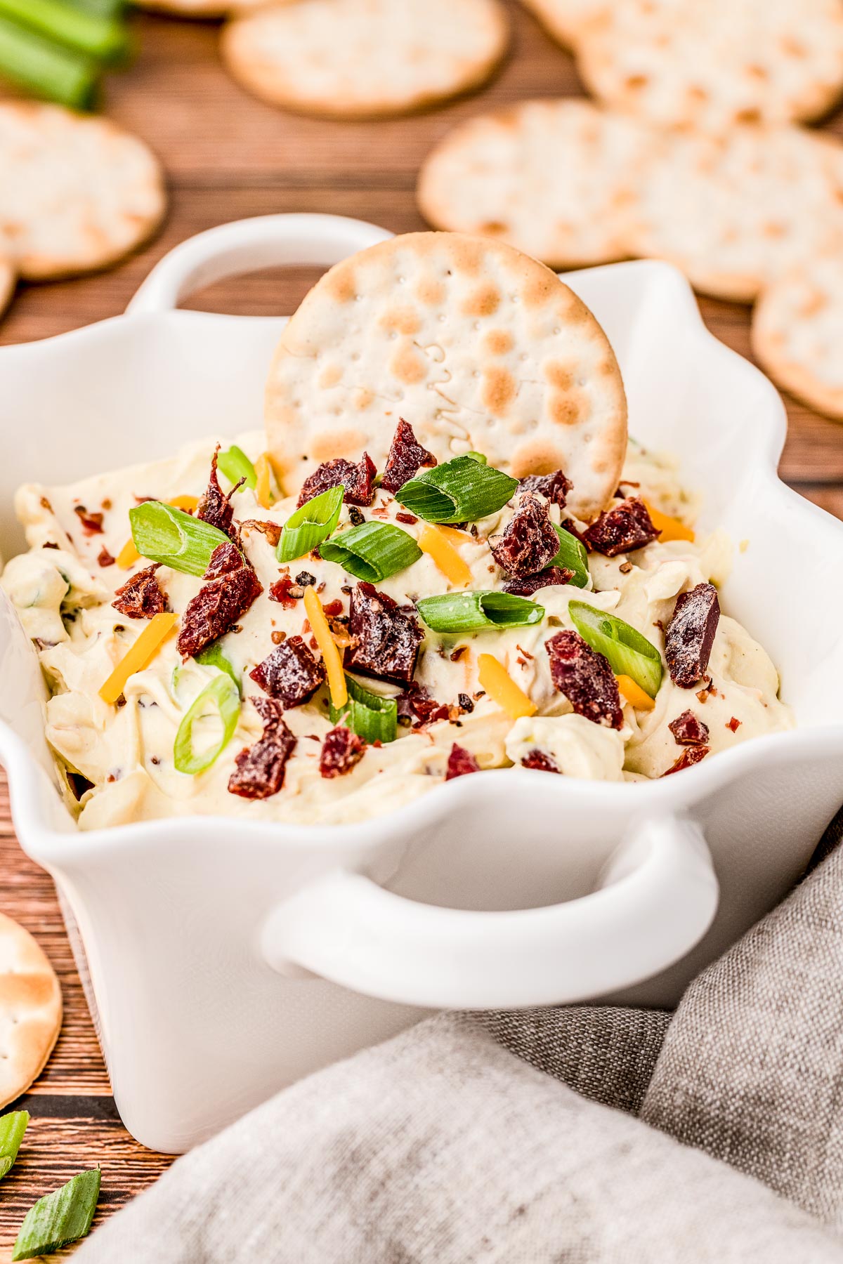 bowl of beef jerky dip with a cracker