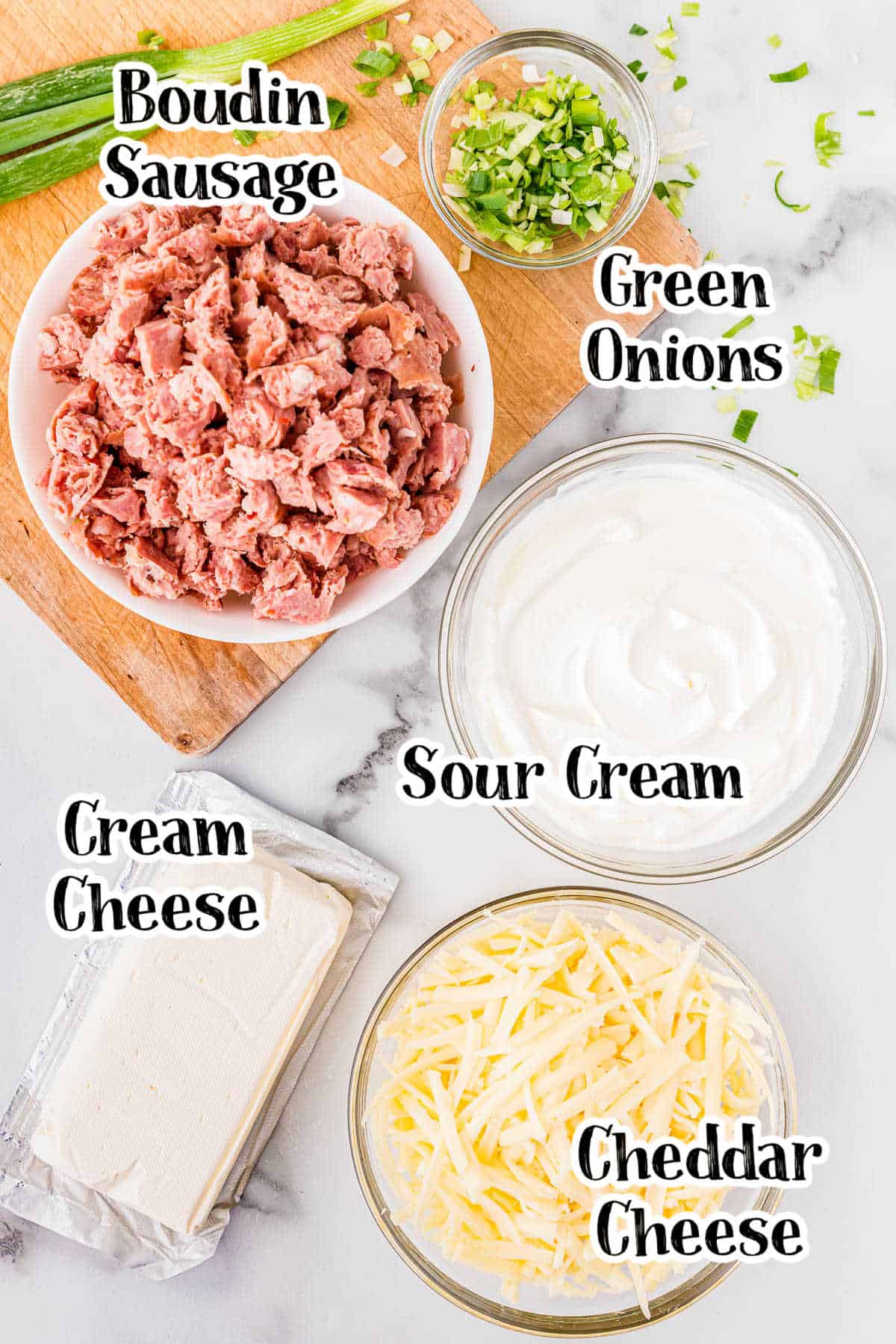 labeled picture of dip ingredients in individual bowls