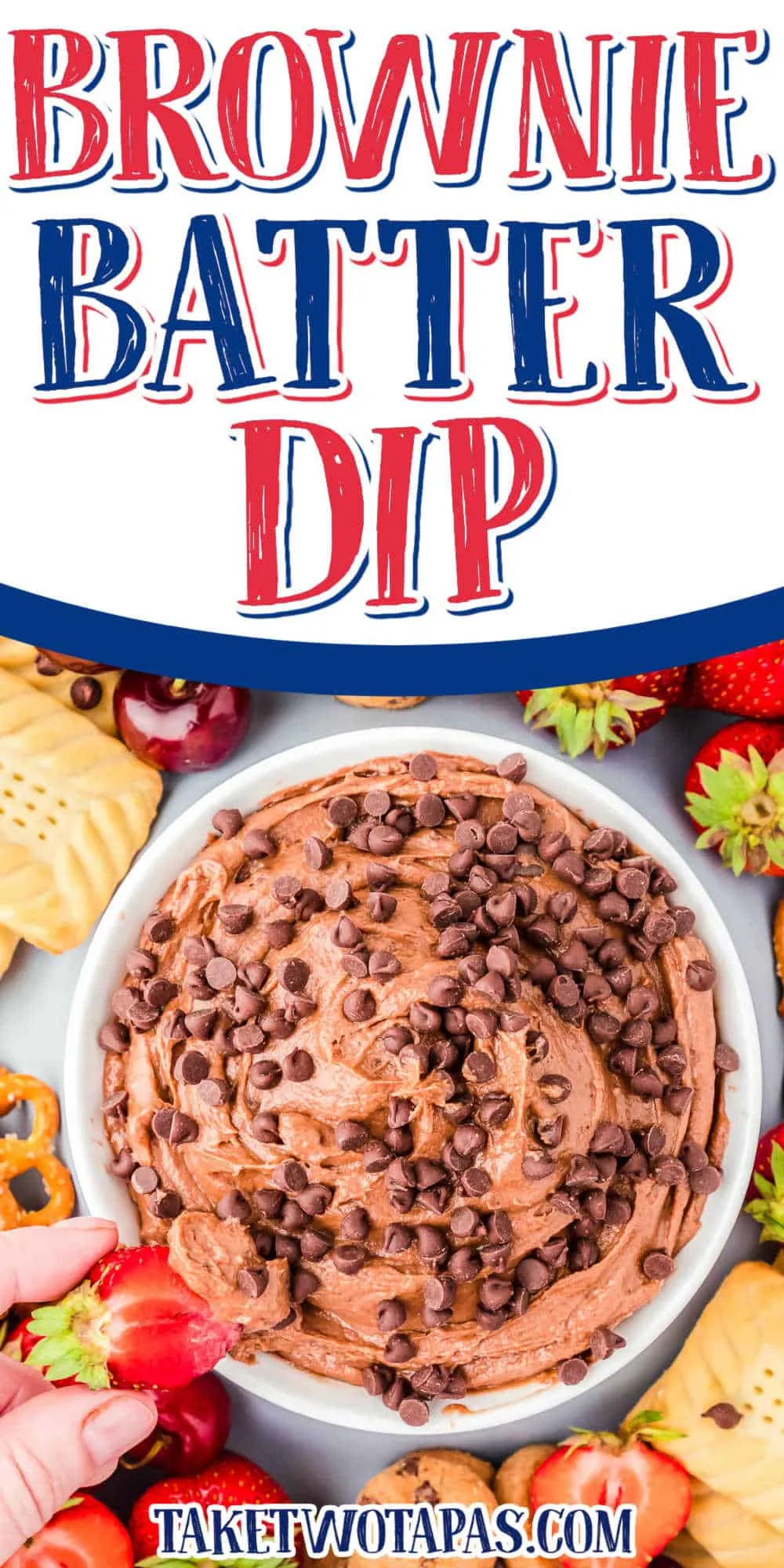 bowl of dip with text "Brownie Batter Dip" on a white banner