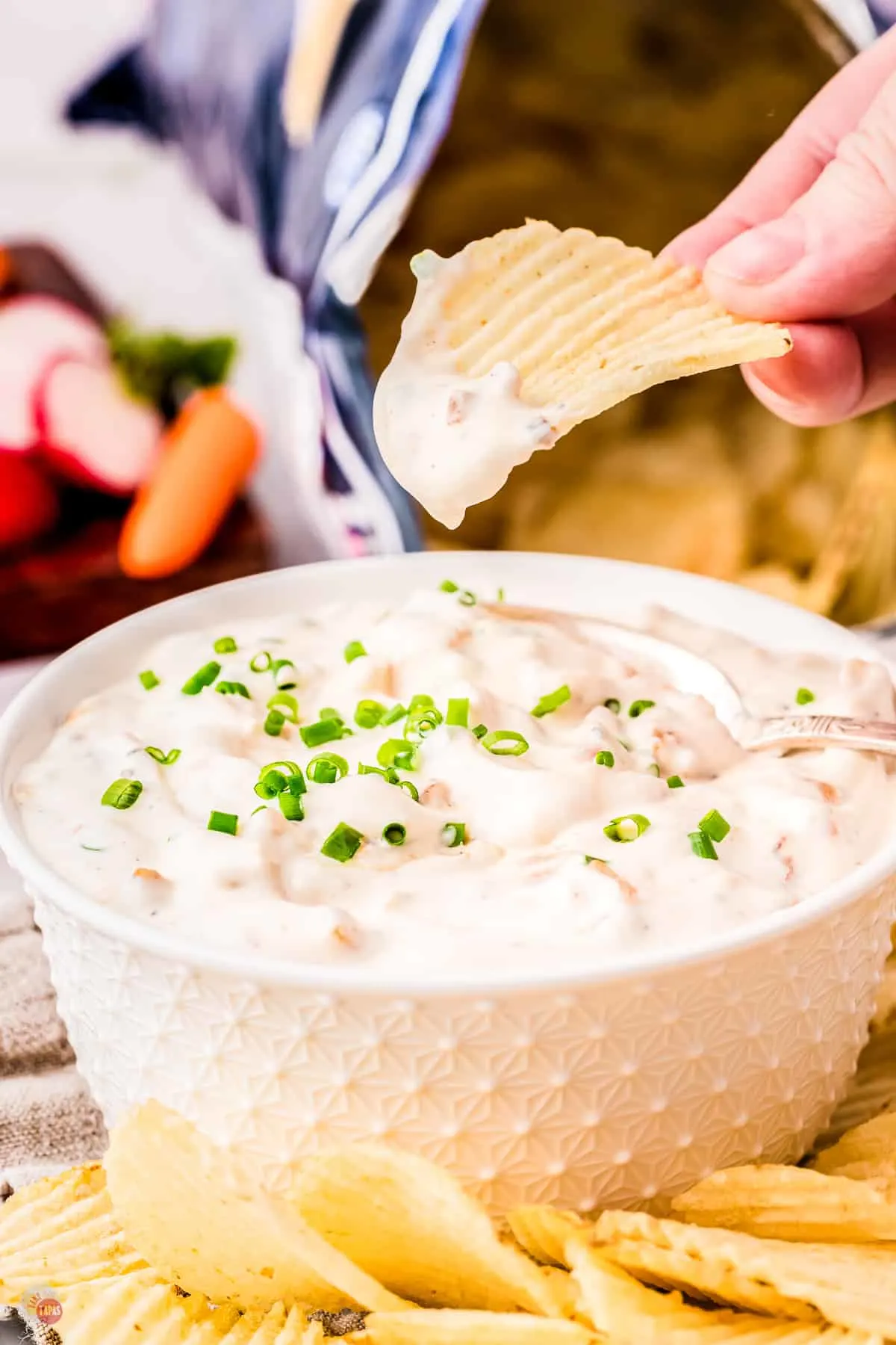 salty potato chips are best for this dip