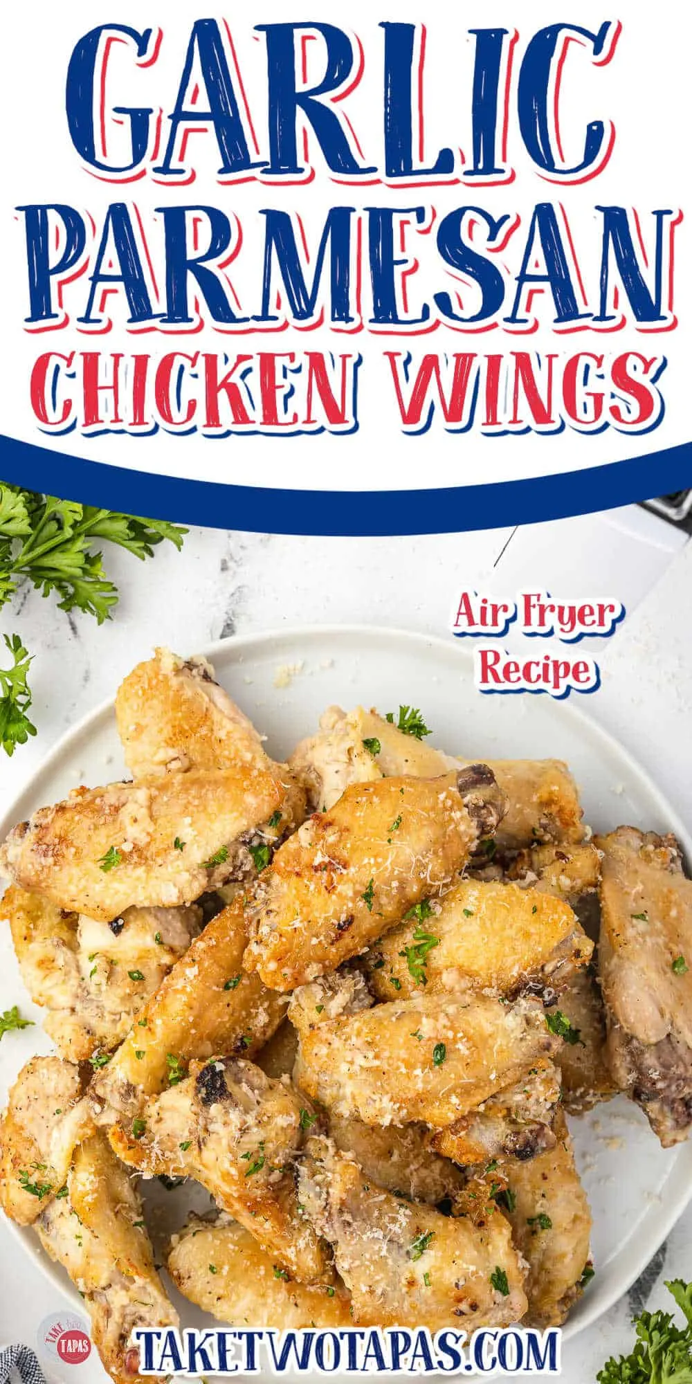 garlic parmesan chicken wings on a plate with white banner and text "air fryer recipe"