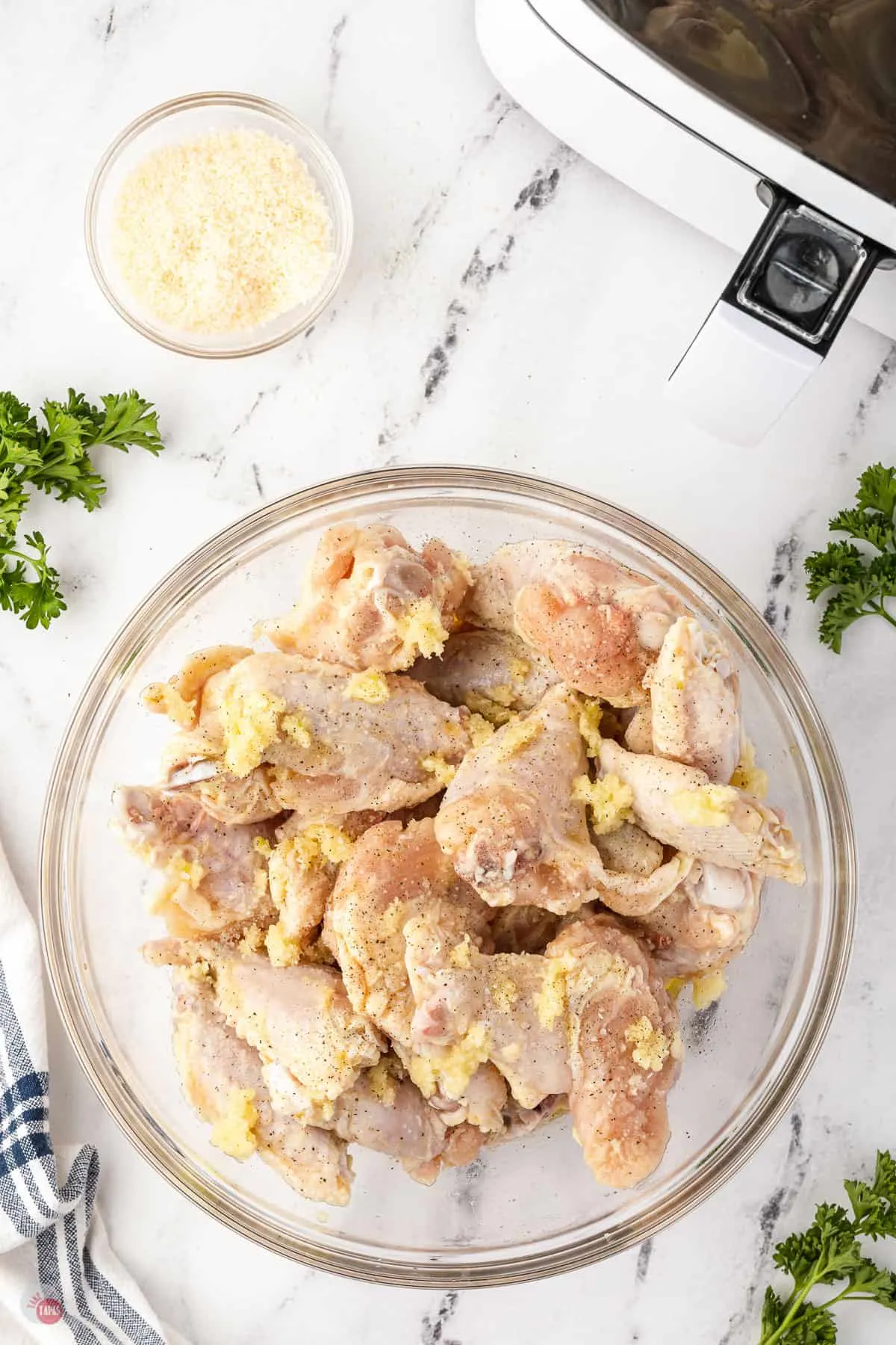 garlic and wings in a bowl