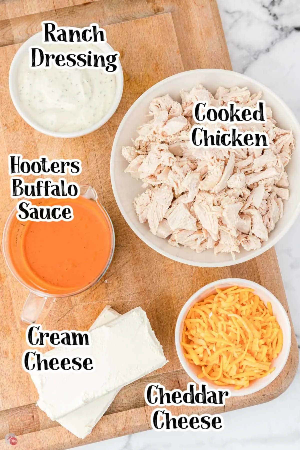 labeled picture of dip ingredients in individual bowls