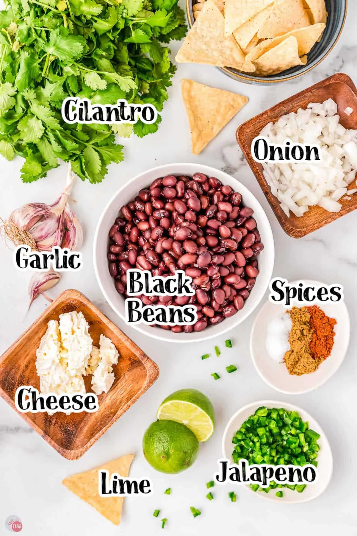 labeled picture of ingredients for black bean dip
