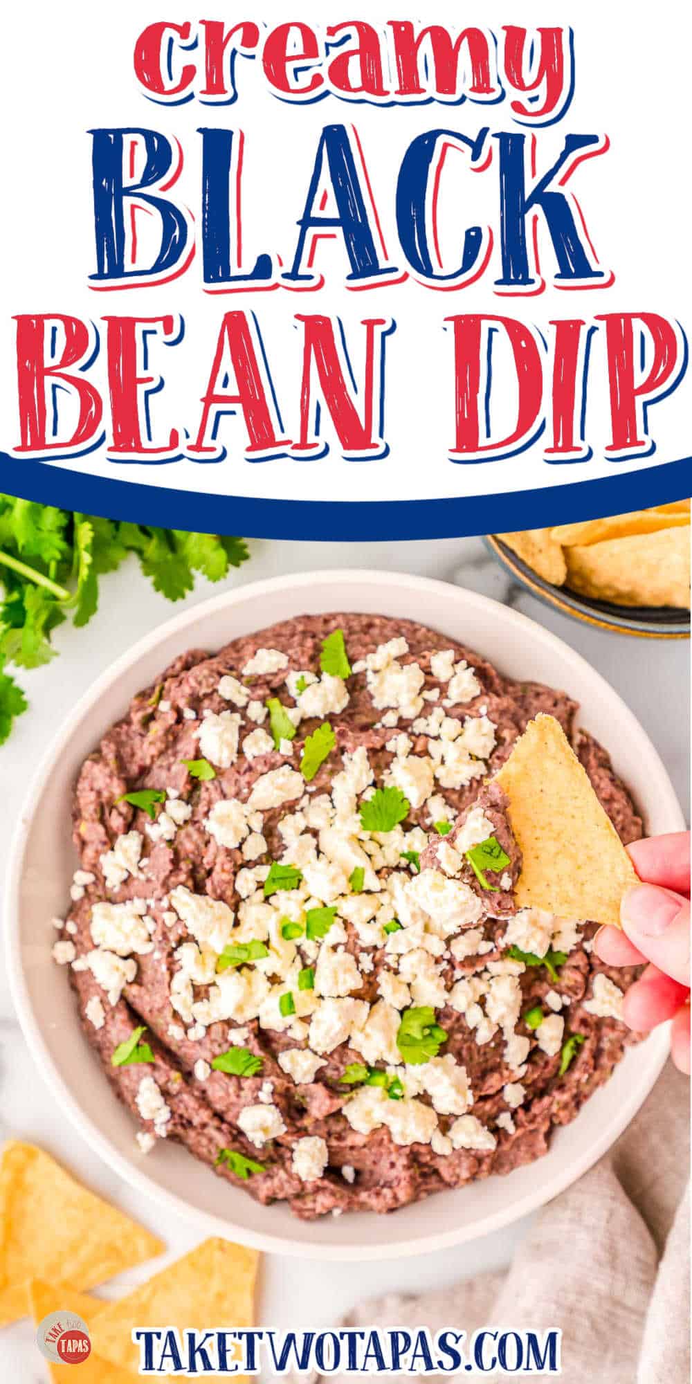 black bean dip with a tortilla chip in it with text