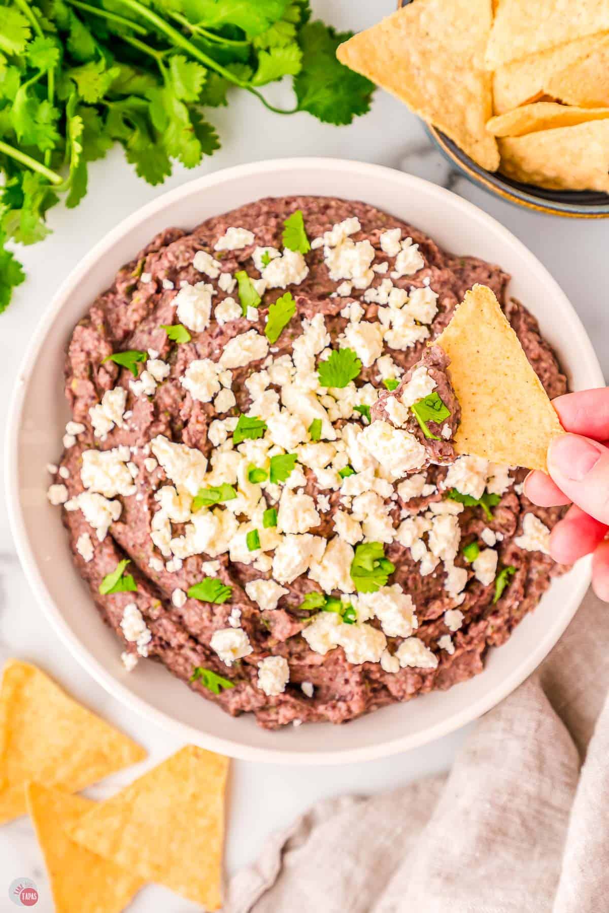 black bean dip with a tortilla chip in it