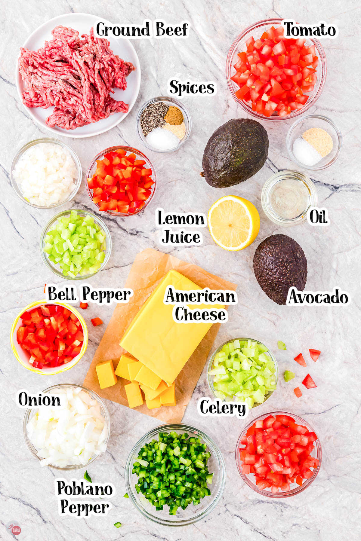 labeled picture of Bob Armstrong Dip ingredients