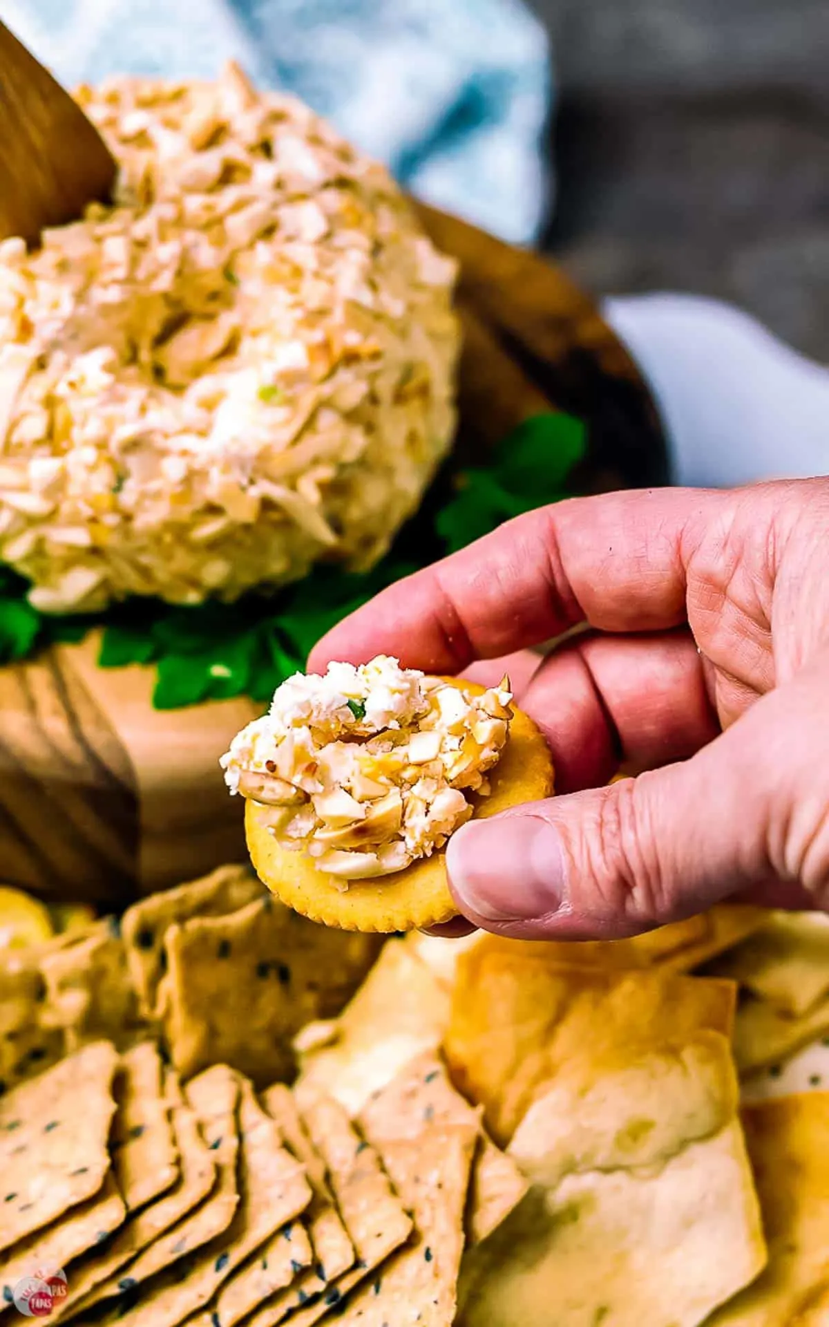 hand holding a cracker next to a cheese ball