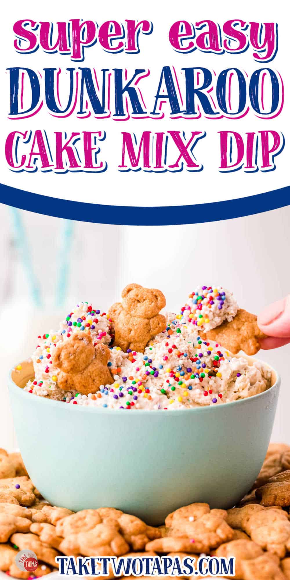 hand scooping funfetti dip with text "super easy dunkaroo cake mix dip"
