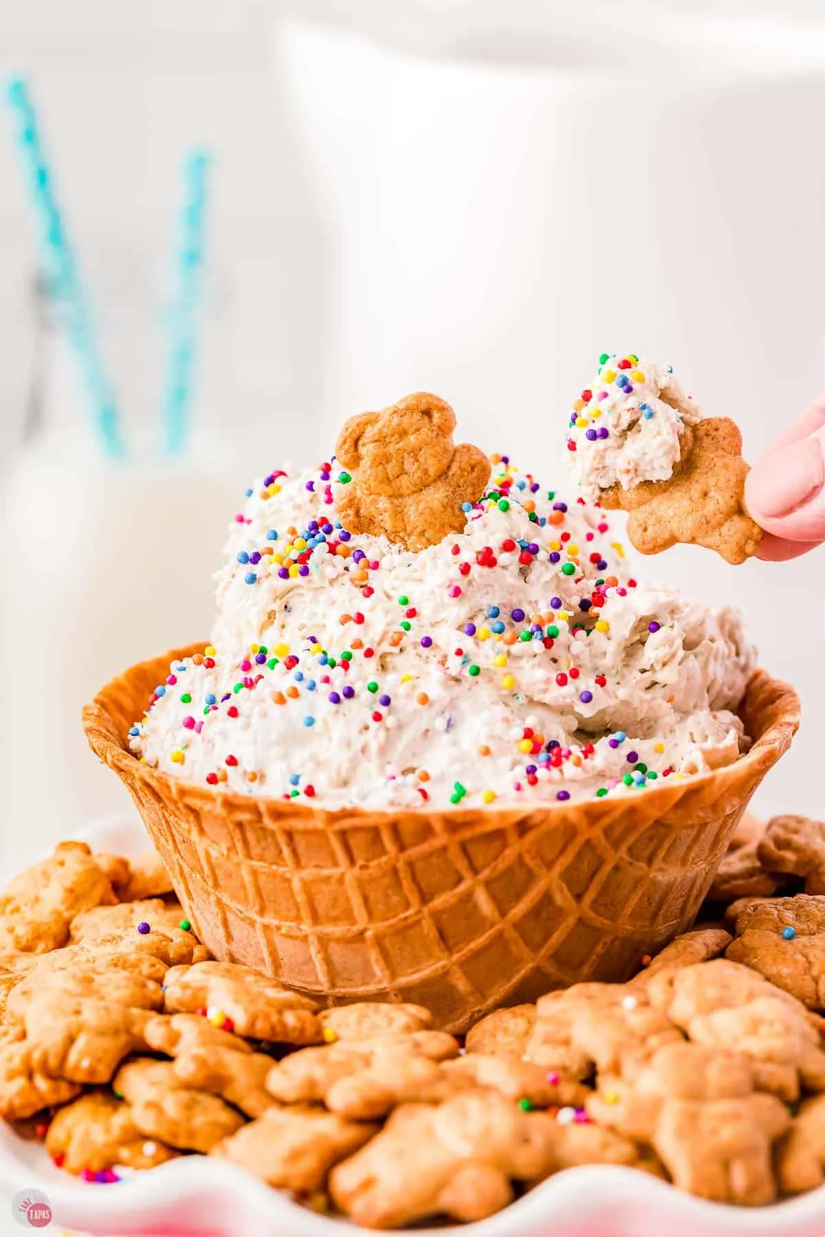 waffle bowl full of dunkaroo dip with teddy grahams