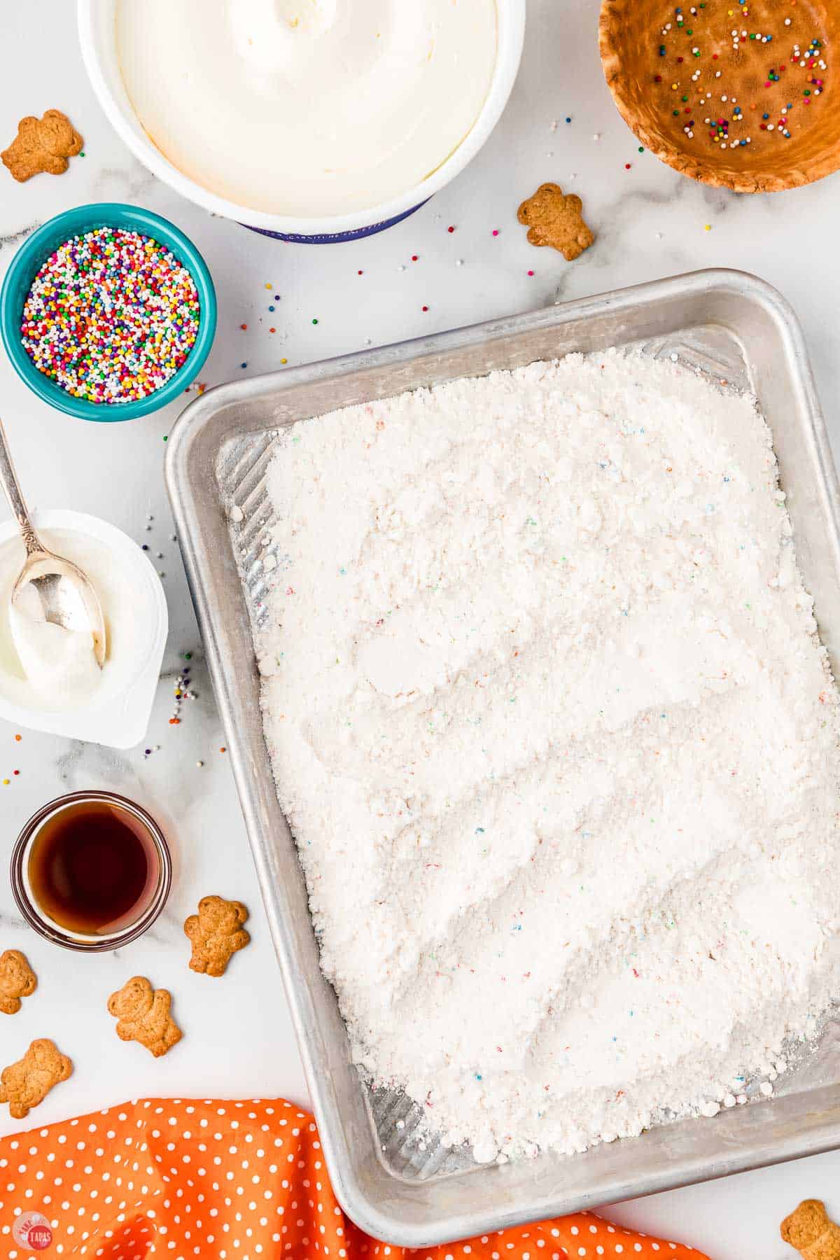 cake mix on a baking sheet