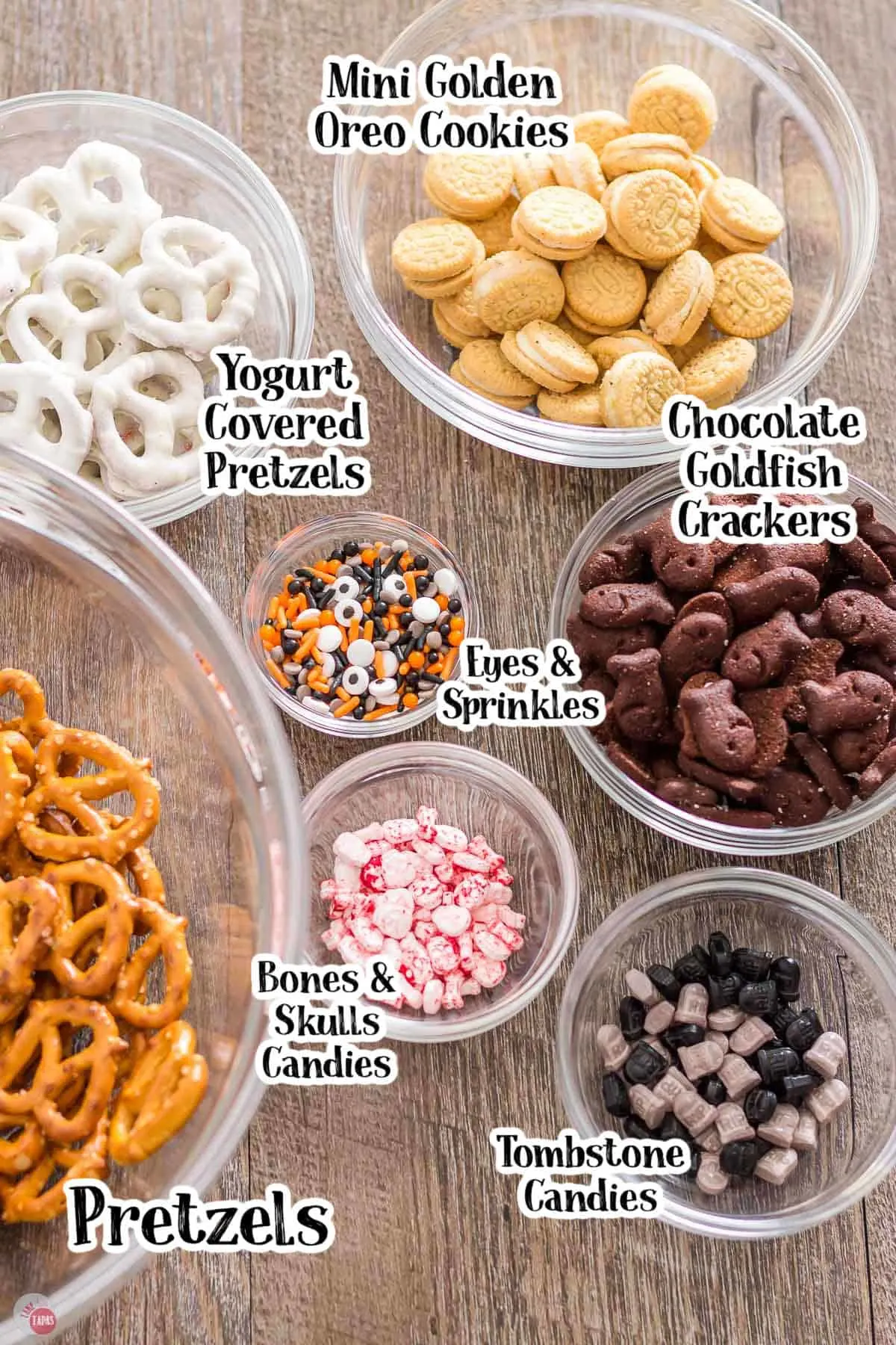 labeled picture of ingredients for halloween snack mix