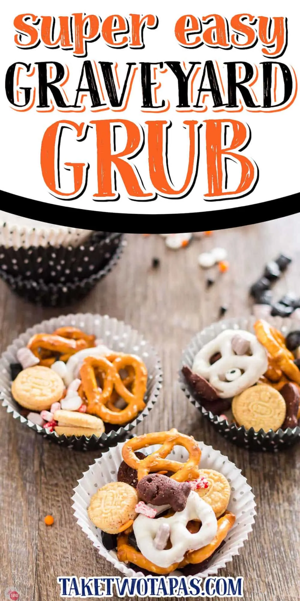 graveyard grub snack mix in cupcake liners with text