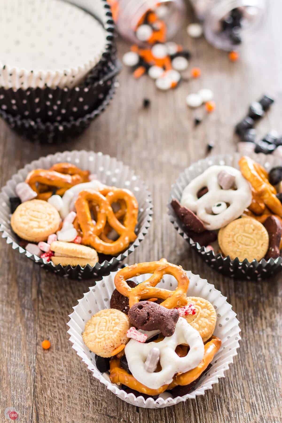 cupcake liners full of graveyard grub halloween party mix