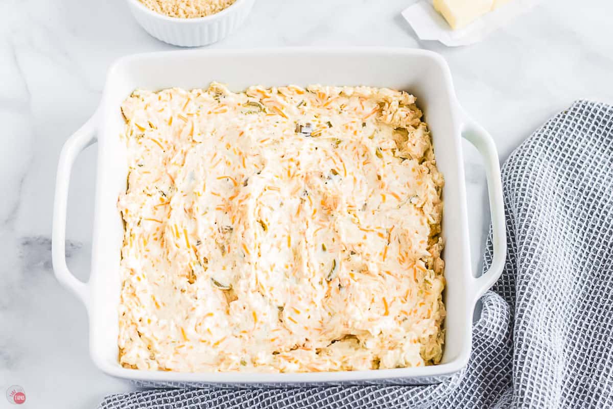 white baking dish with jalapeno dip