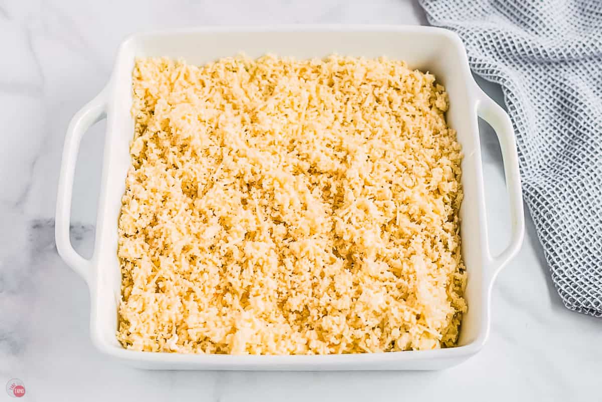 panko topping on a dip in a white square dish