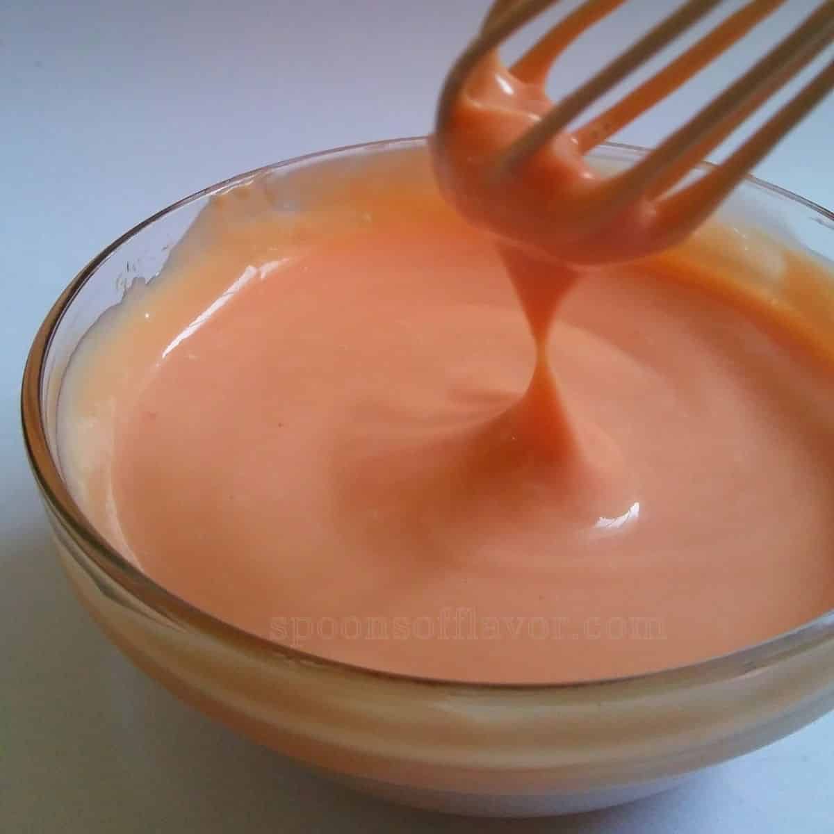 bowl of mayo ketchup and whisk