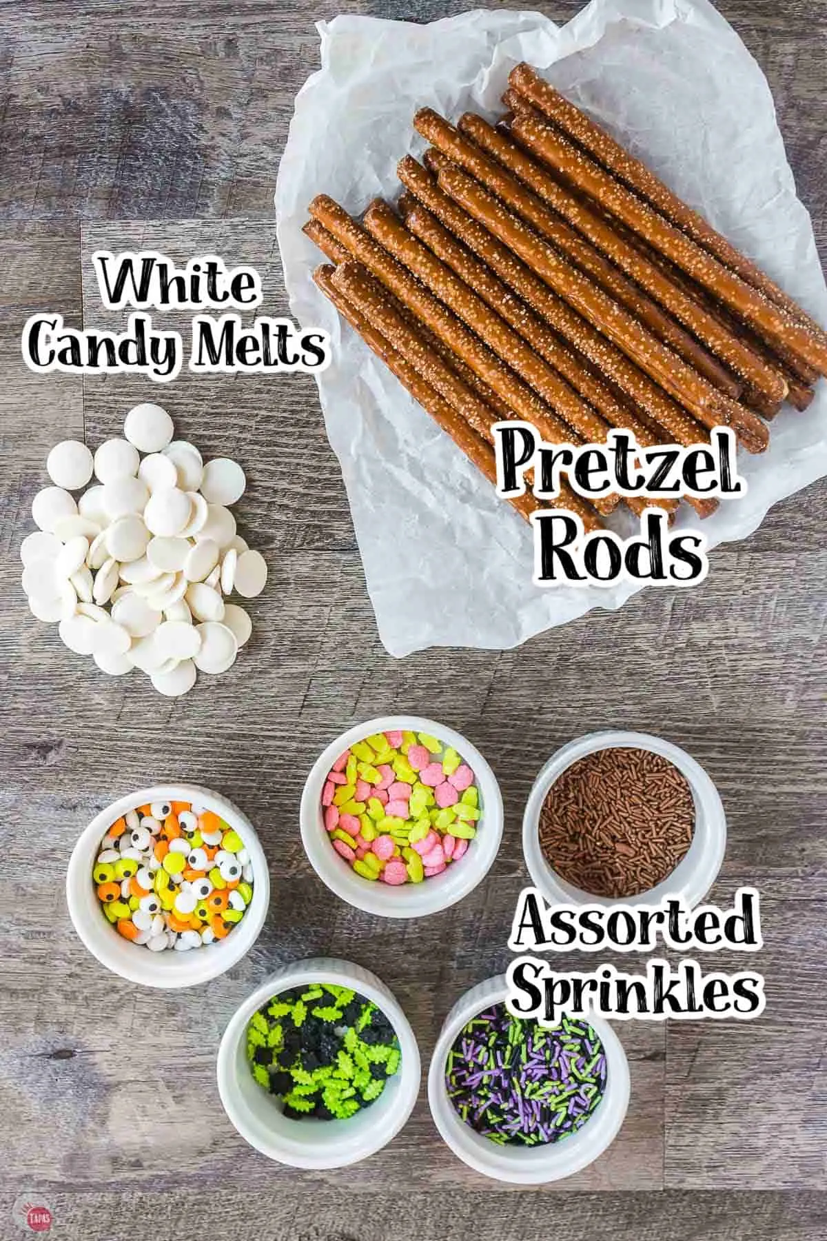 labeled picture of chocolate dipped pretzels ingredients