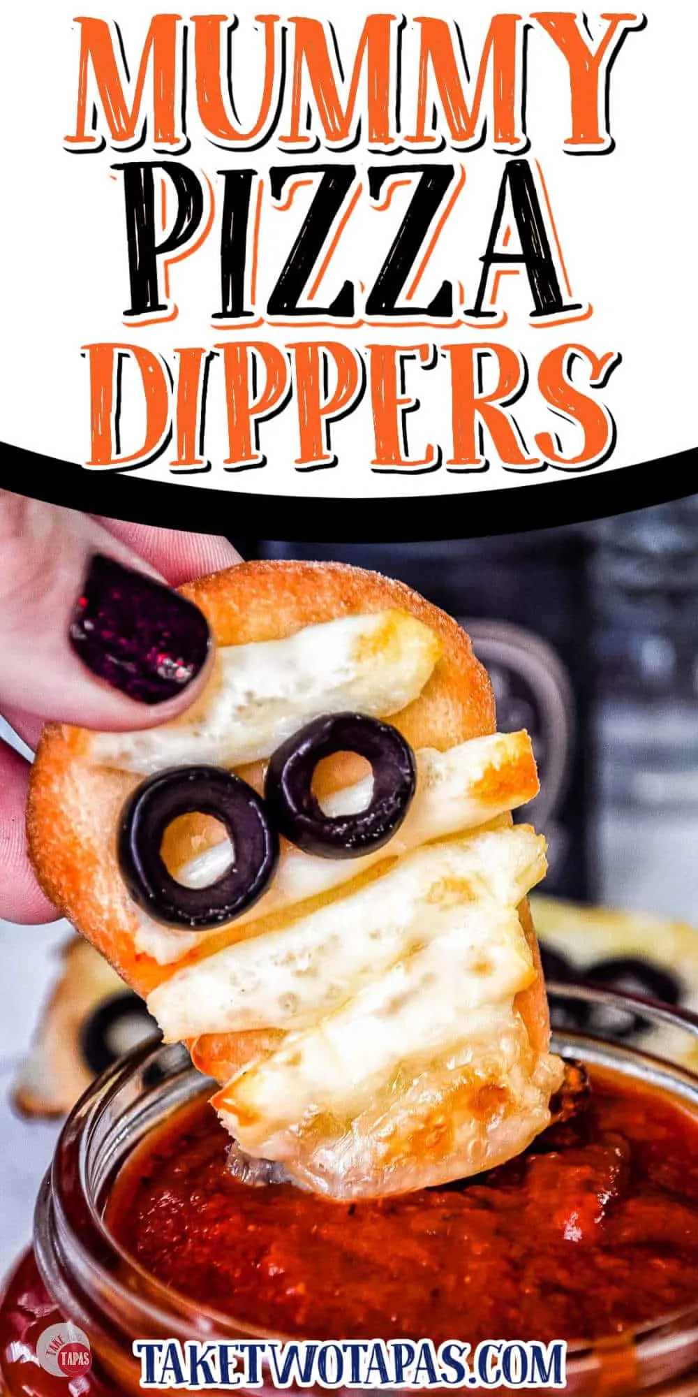 mummy pizza dipper with text "how to make mummy pizza dippers"