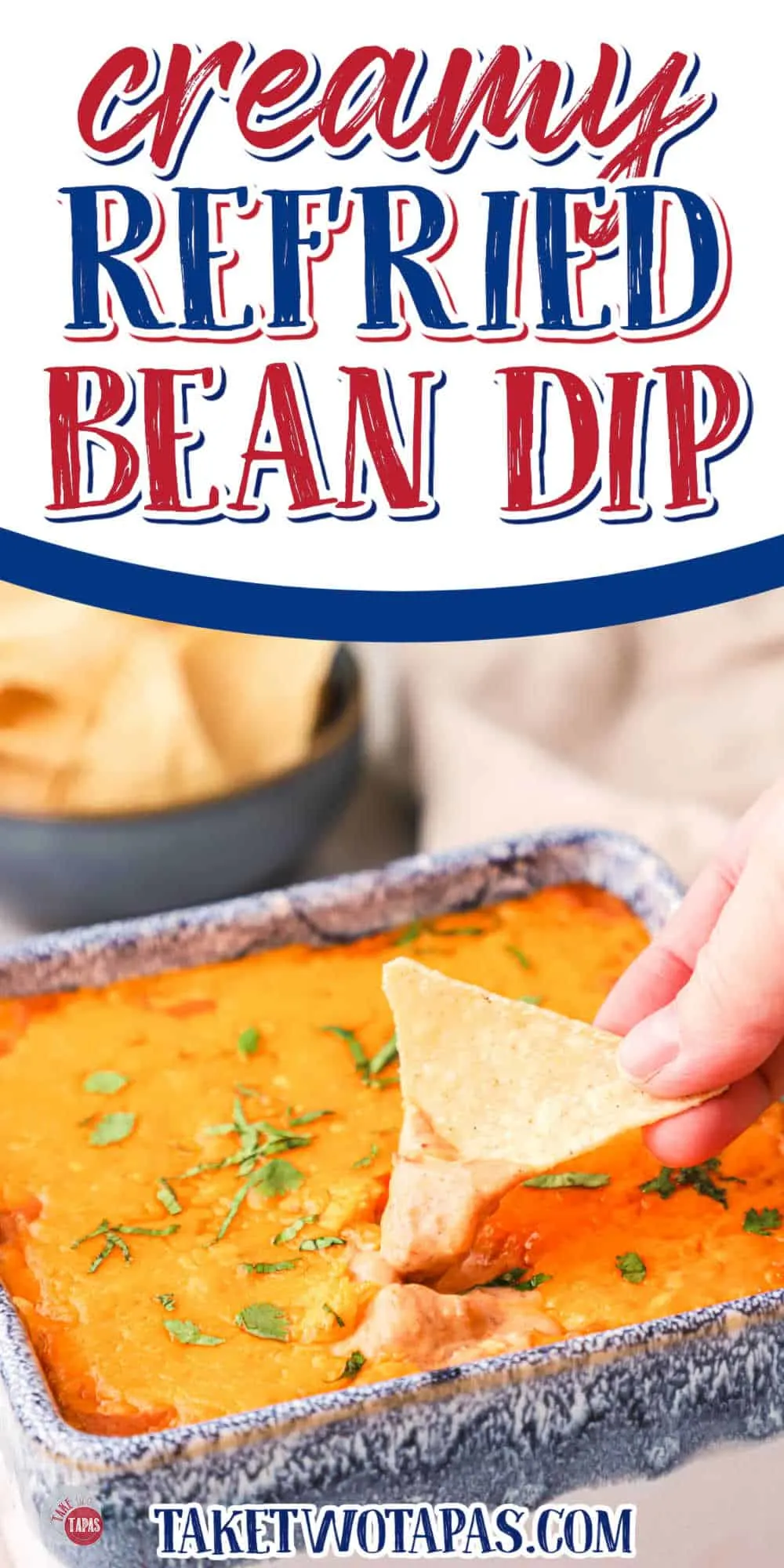 chip and dip with text "creamy refried bean dip"