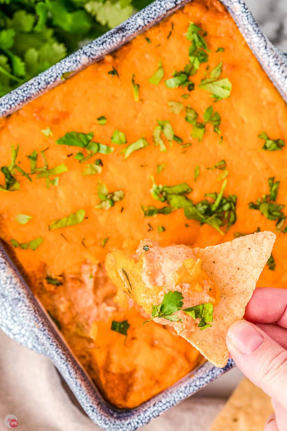 overhead shot of bean dip and a chip