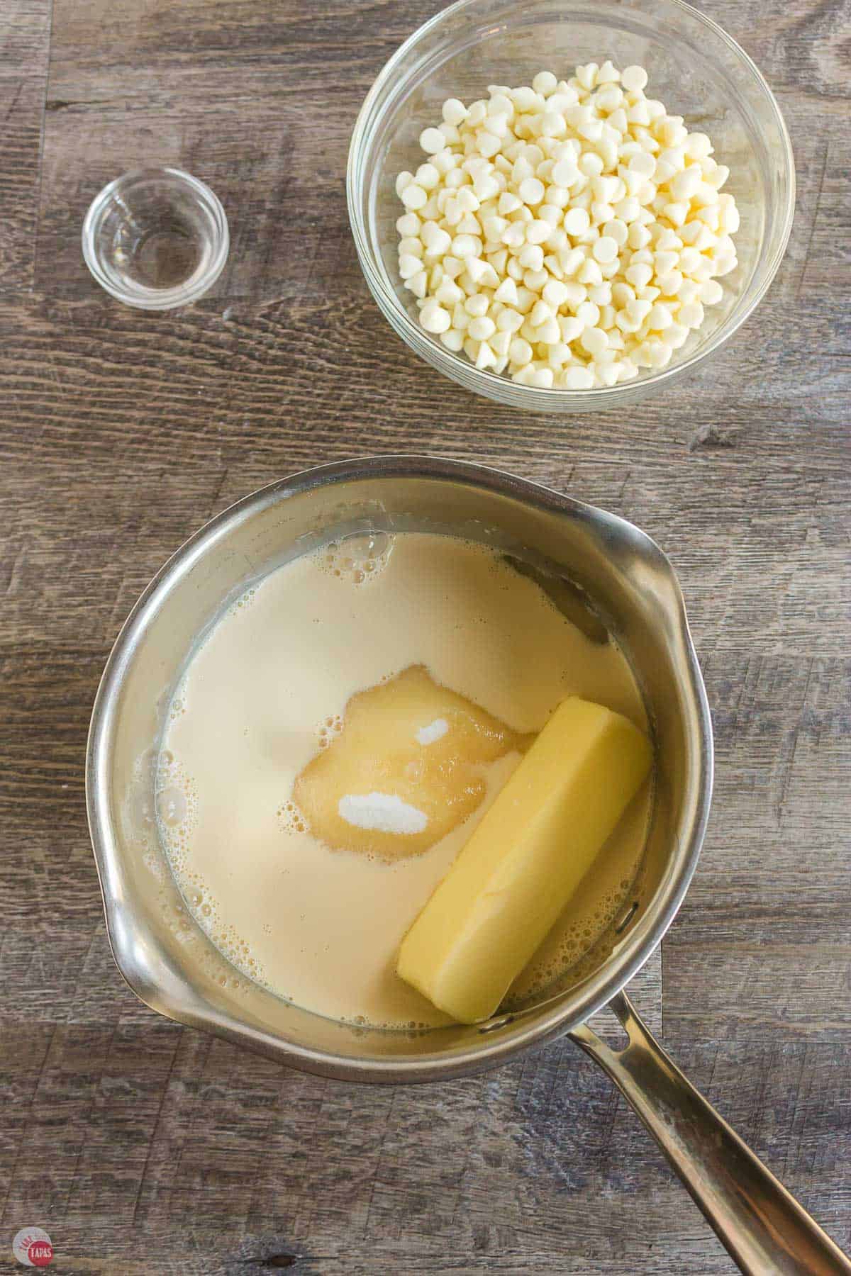 butter, sugar, and milk in a pot