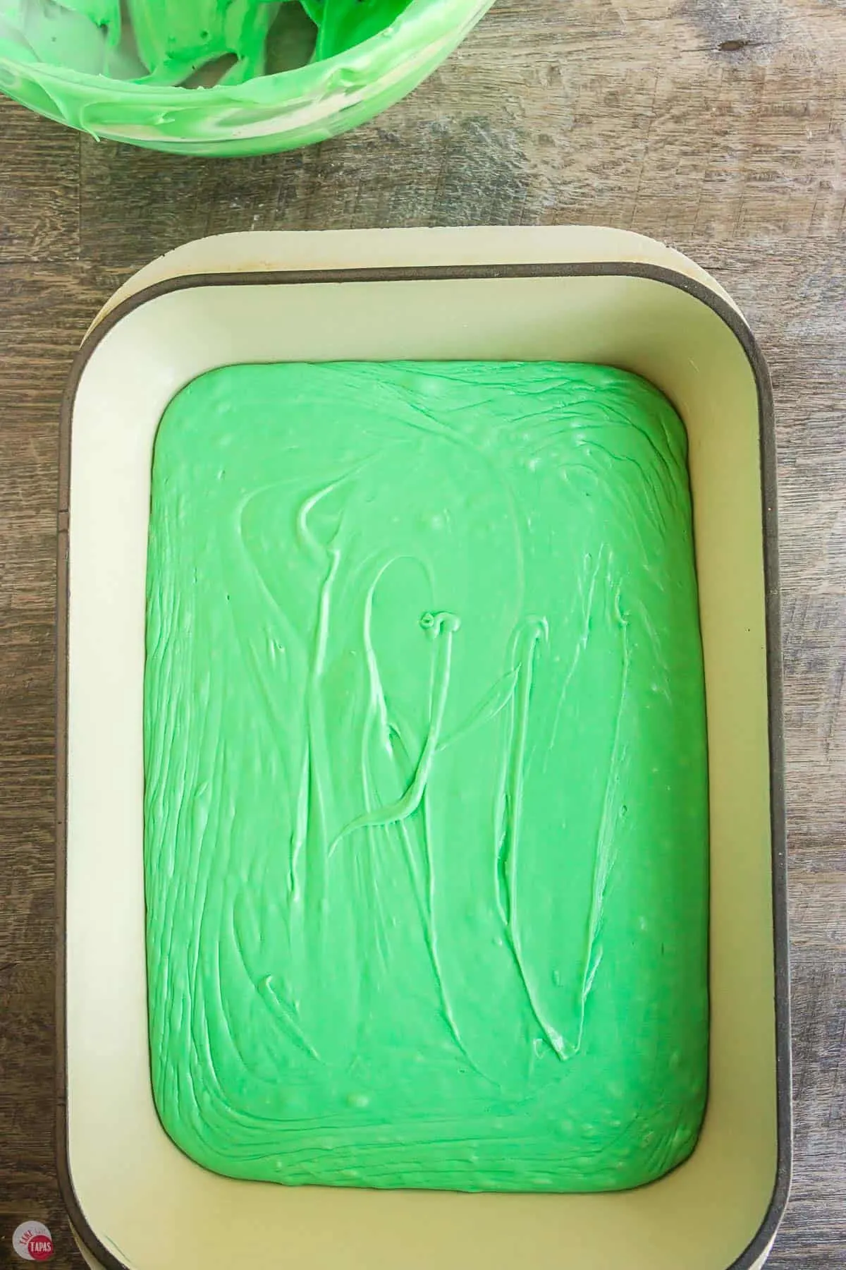 green fudge in a rectangle pan