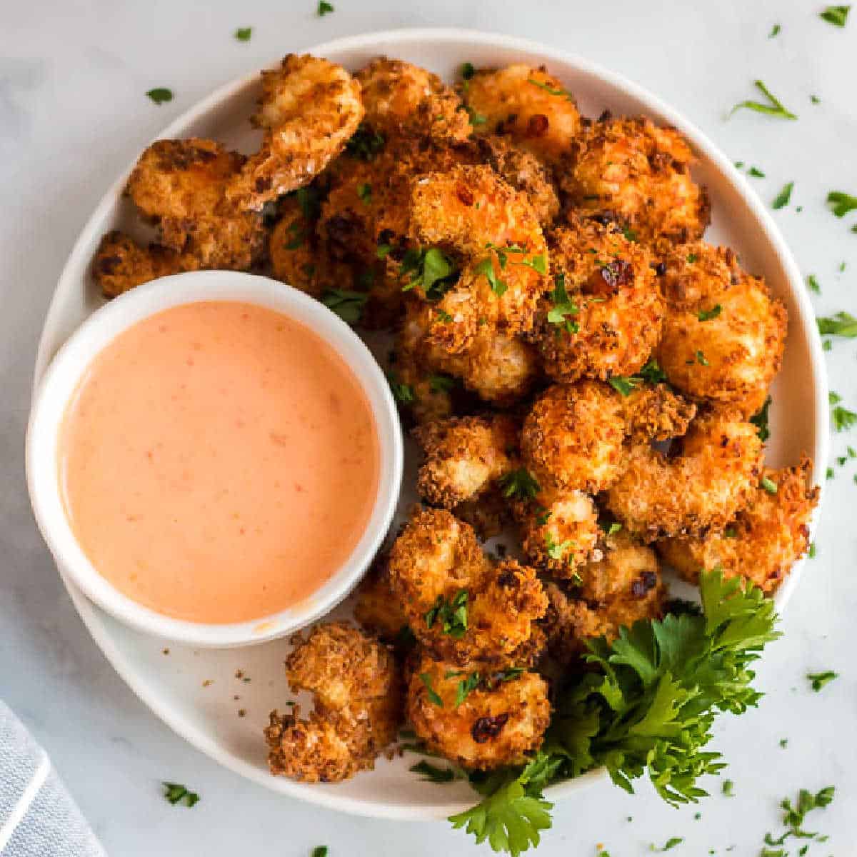 overhead picture of plate of shrimp