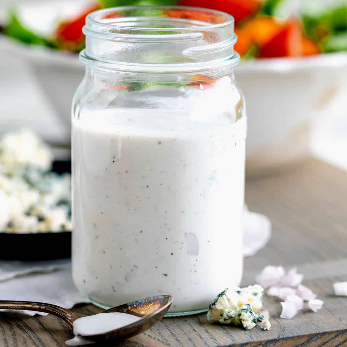 mason jar of blue cheese dressing