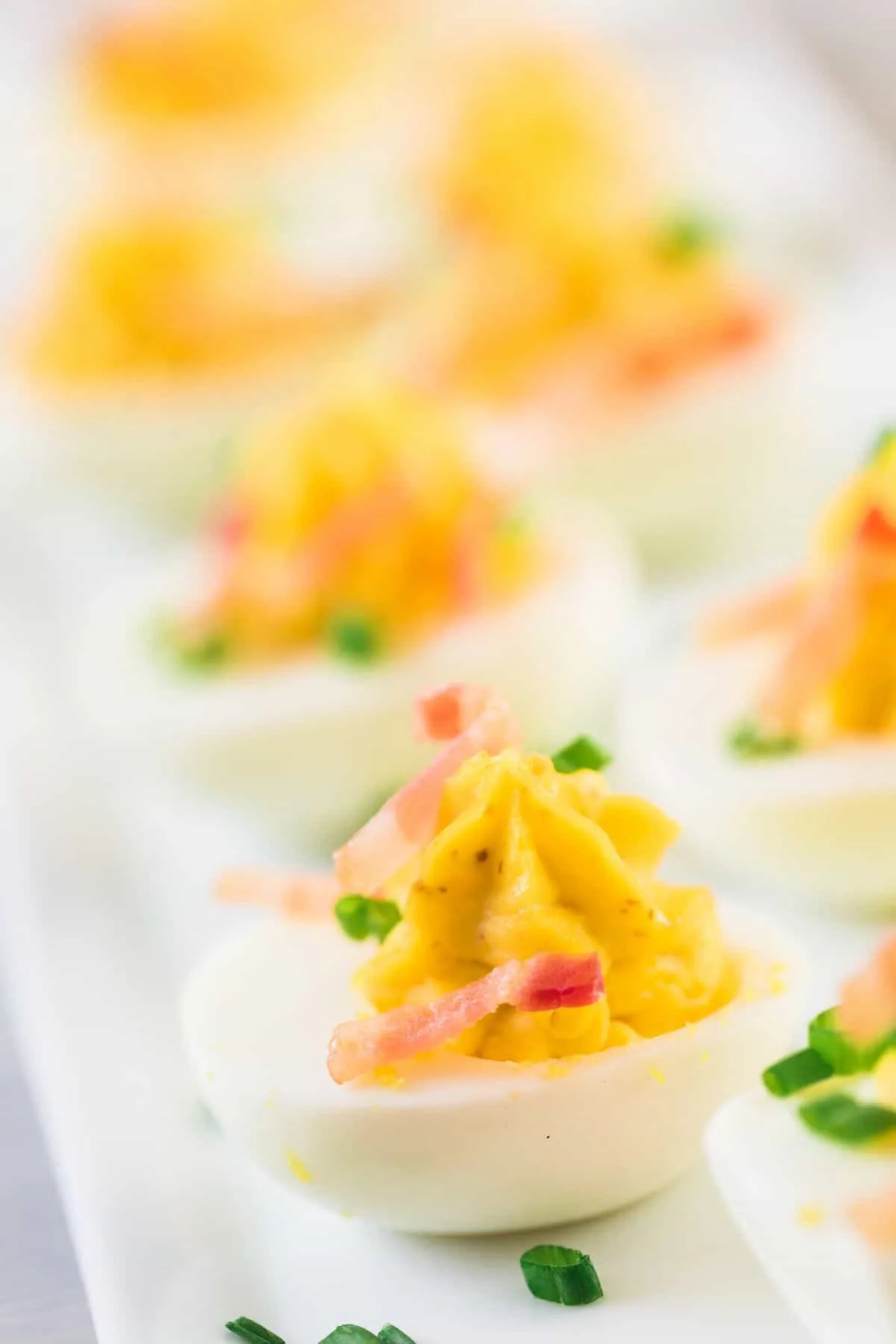 close up of deviled eggs