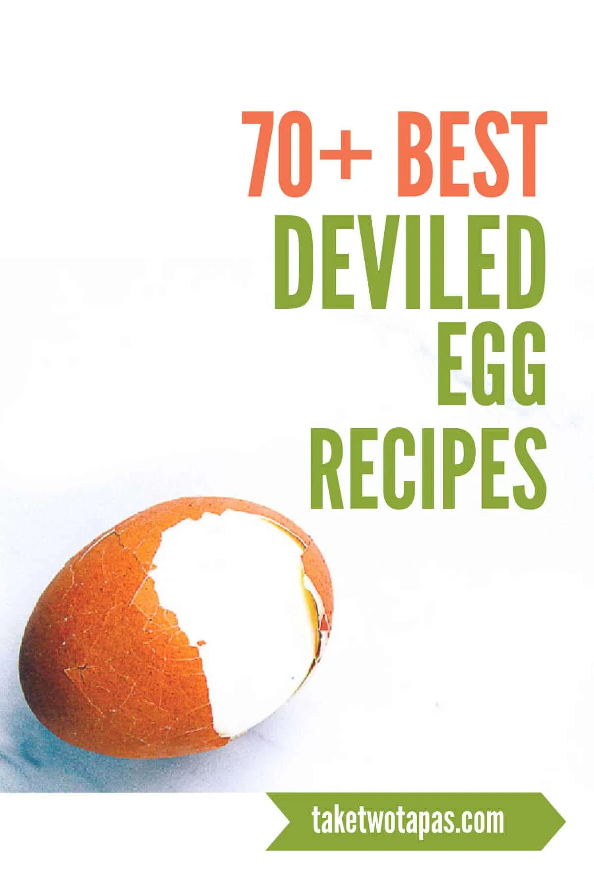 peeled egg on marble with text "70+ deviled egg recipes"