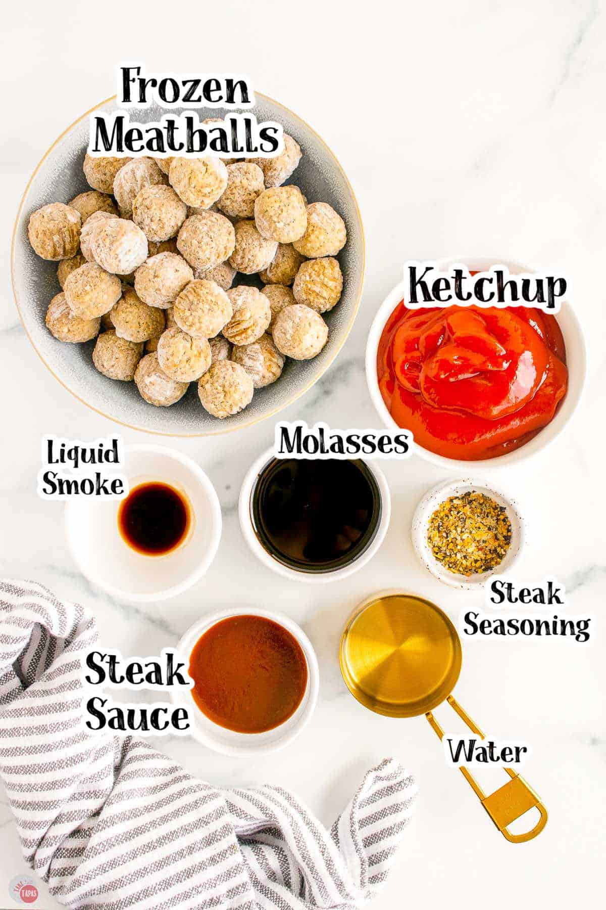 labeled picture of meatball ingredients in individual bowls