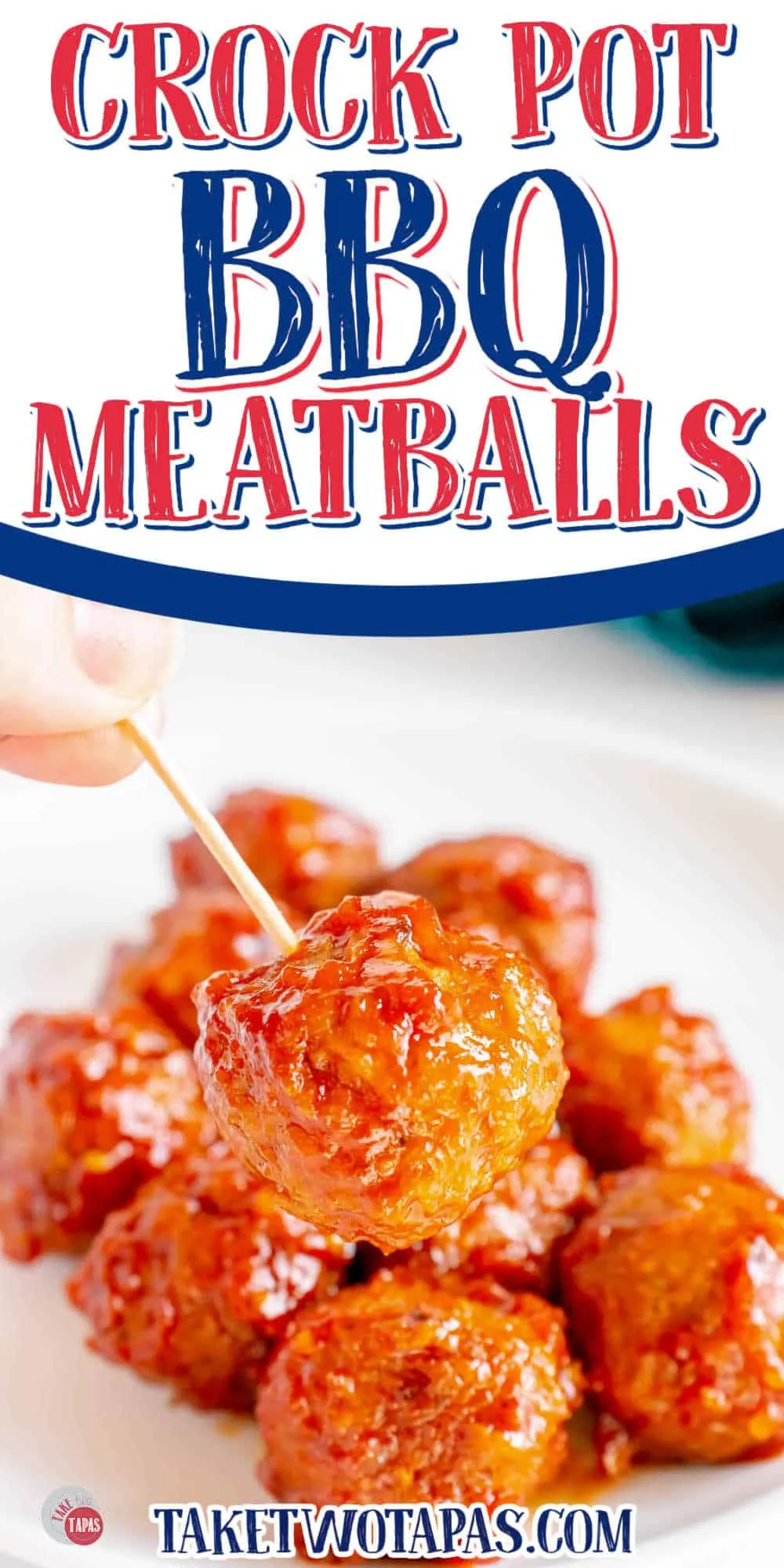 toothpick holding a meatball with text in white banner
