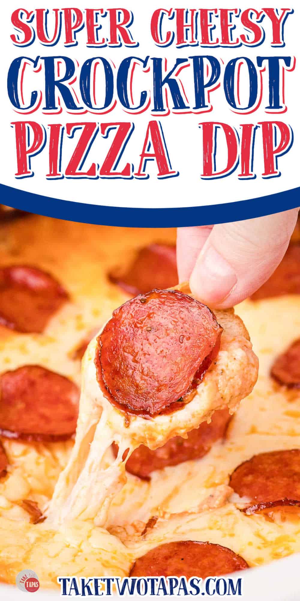hand pulling pizza dip with white banner and text